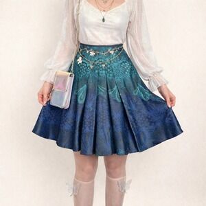 Axcess Teal Blue Ombre Paisley Pleated Skater Skirt Y2K Fairycore Size 4 Small